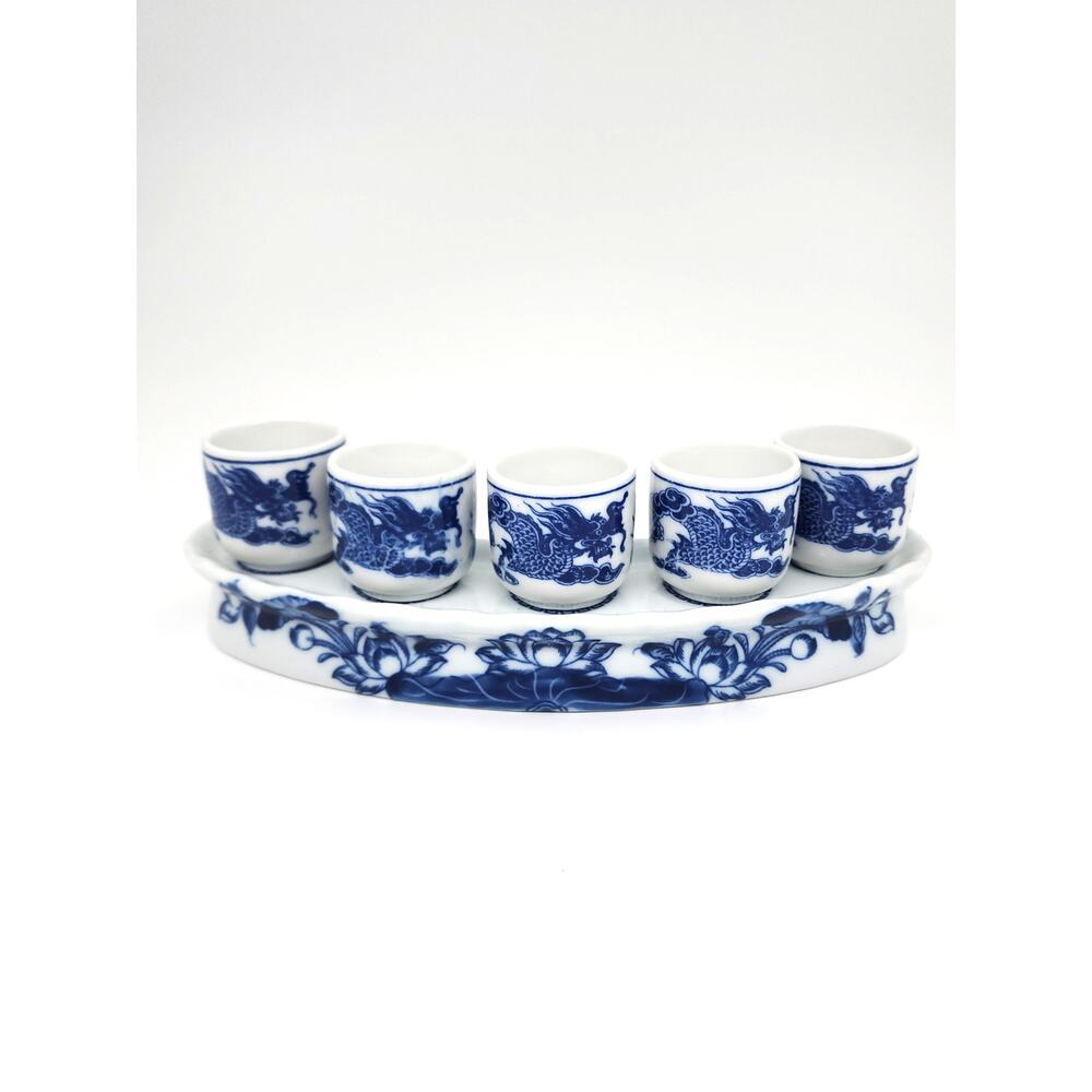 Vintage Blue White Dragon Yin-Yang Porcelain Shot Glass Set With Matching Stand